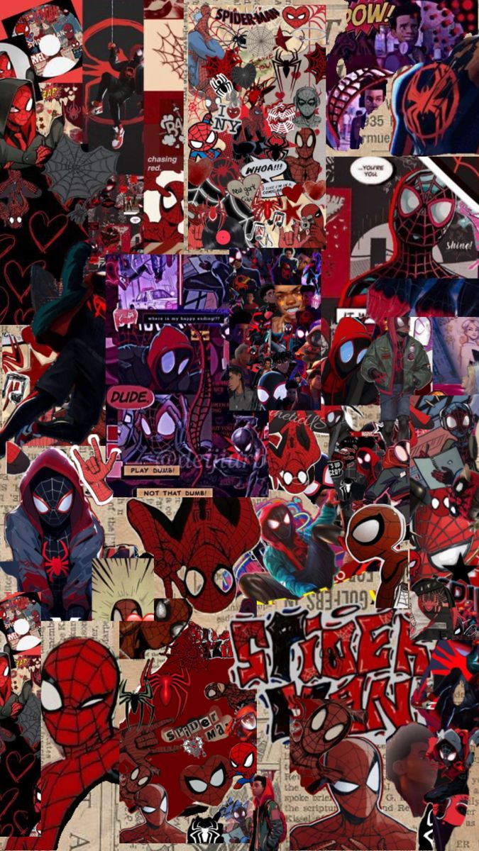 a collage of spider - man stickers is shown in red and black colors