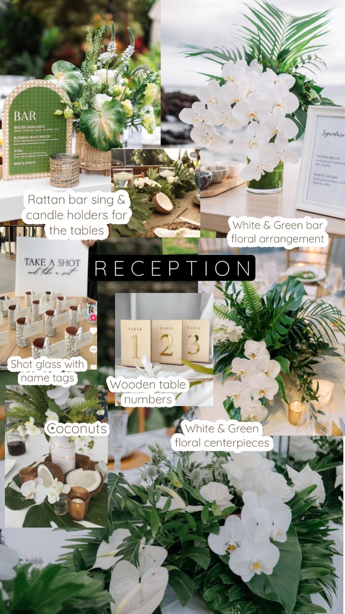 the reception table is decorated with white and green flowers, greenery, candles, and menus