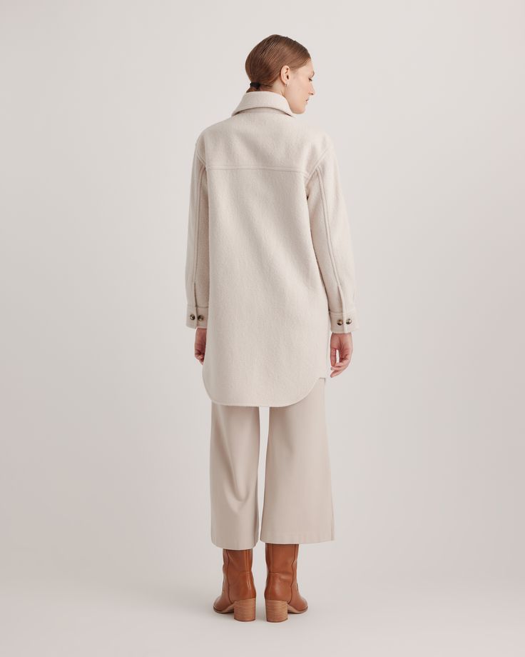 Our 100% Merino Wool Long Shirt Jacket is your perfect go-to style as the temperature starts to drop. Expertly tailored with boiled merino wool, this shirt jacket - shacket - has the relaxed silhouette of a shirt, but provides the warmth of a jacket. With an intentionally oversized look, it's perfect for layering and made to throw on over any outfit with ease.  | Quince | Women's 100% Merino Wool Long Shirt Jacket in Heather Bone, Merino Wool, Size Small, Merino Wool (dry clean only) Casual Button-up Wool Coat For Fall, Winter Shacket With Buttoned Pockets For Everyday, Winter Workwear Shacket With Buttoned Pockets, Winter Everyday Shacket With Buttoned Pockets, Casual Wool Coat With Button Cuffs For Fall, Winter Utility Jacket With Lapel Collar For Everyday, Winter Button-up Utility Jacket With Relaxed Fit, Everyday Winter Shacket With Lapel Collar, Everyday Winter Utility Jacket With Lapel Collar