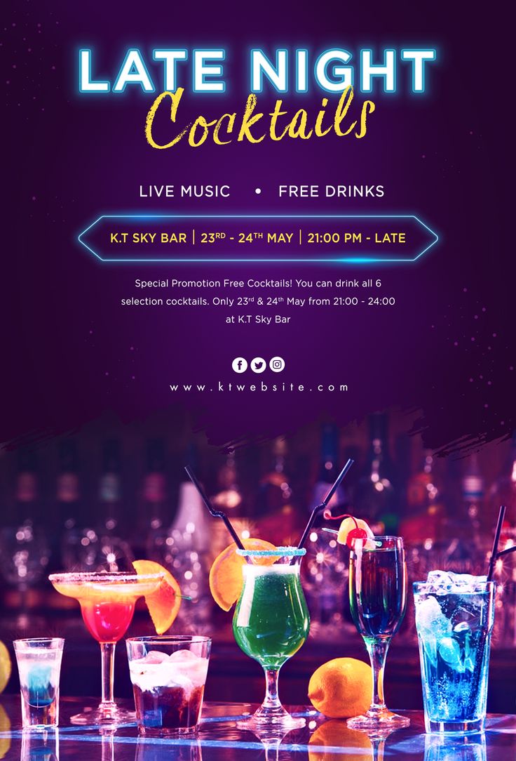 an advertisement for late night cocktails with various drinks on the table and neon lights in the background