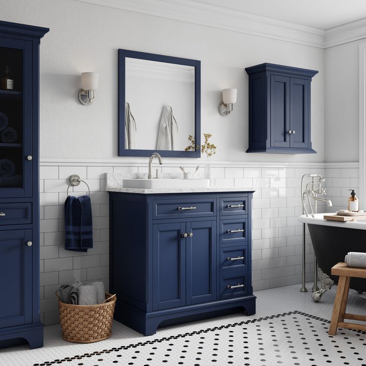 a bathroom with blue cabinets and white walls