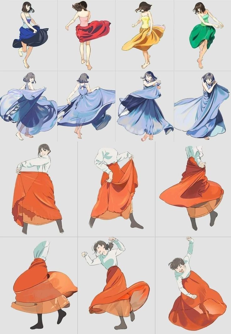 an image of women dancing in different dresses and skirts with their hands on their hipss