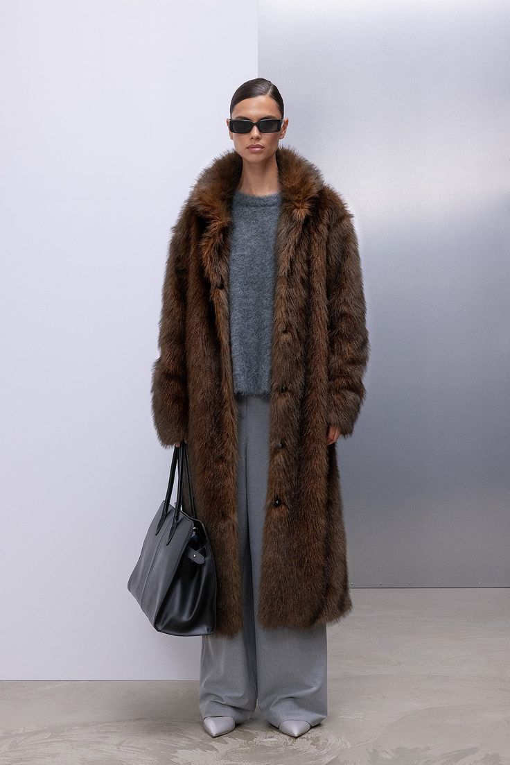 Long Faux Fur Coat Brown Brown Long Coat With Faux Fur Lining, Brown Faux Fur Outerwear With Pockets, Brown Faux Fur Winter Outerwear, Fall Long Coat With Faux Fur Lining, Winter Brown Fur Coat With Pockets, Long Fur Coat With Faux Fur Lining For Fall, Faux Fur Lined Long Coat For Fall, Brown Fur Coat With Faux Fur Lining, Brown Faux Fur Long Coat