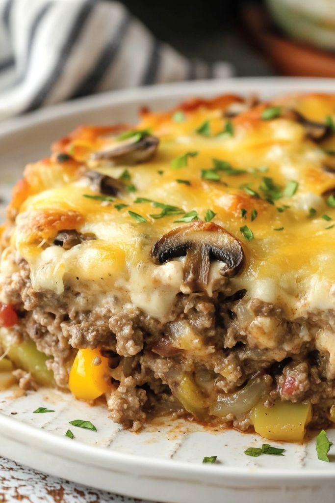 a close up of a casserole on a plate with meat and vegetables in it