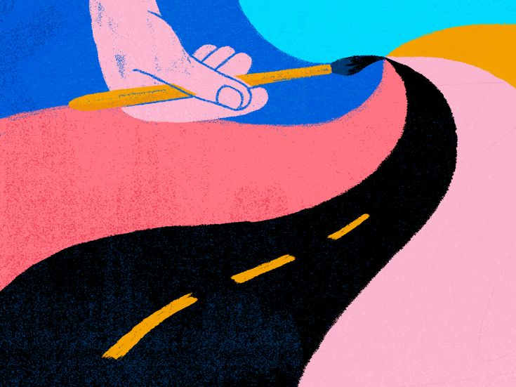 a drawing of a hand holding a pencil on top of a road next to a curve