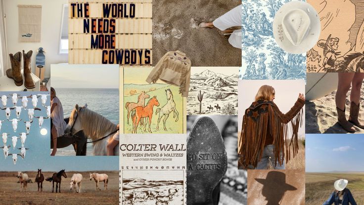 a collage of photos with horses, cowboy boots and other things in them that are all over the place