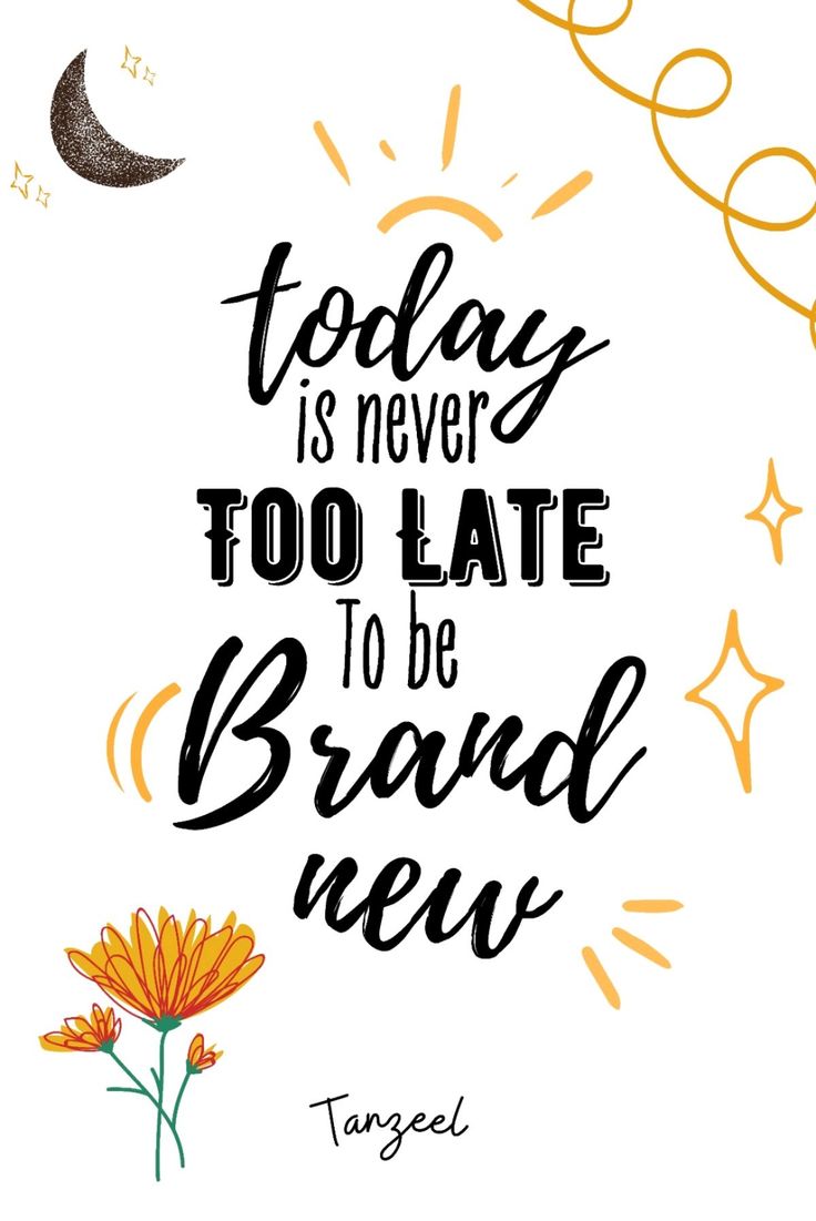 the words today is never too late to be brand new on a white background with an orange flower