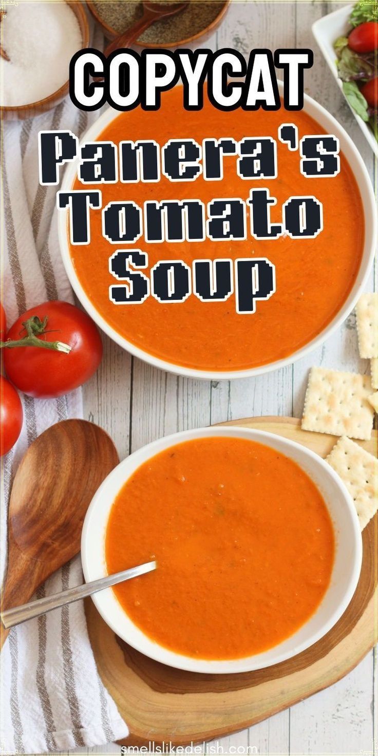 two bowls of tomato soup with the words copycat on top and an image of tomatoes,