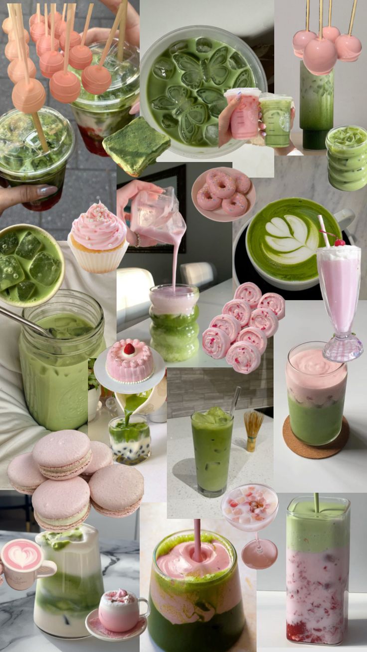 a collage of green and pink desserts, drinks, and candies in vases