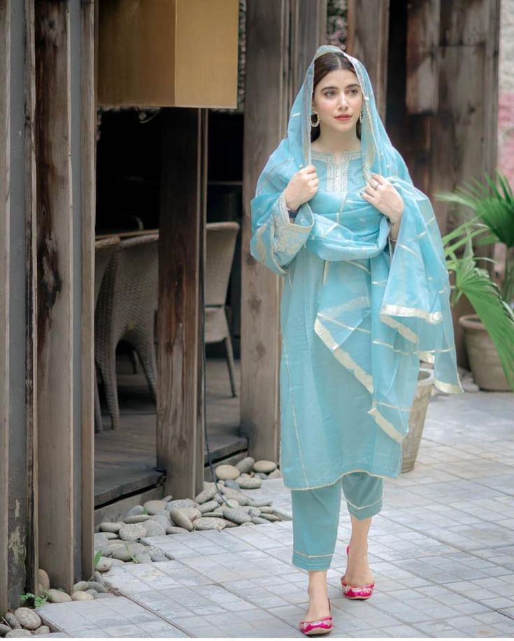 Blue Baby Shower Dress, Sky Blue Suit, Saree Organza, Long Blouse Designs, Light Blue Suit, Combination Dresses, Blue Colour Dress, Indian Kurti, Frock And Frill