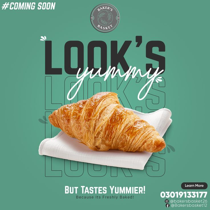 the advertisement for looking's yummys features a croissant on a napkin