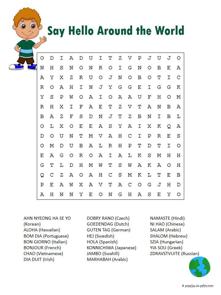 the word search page for say hello around the world with an image of a boy