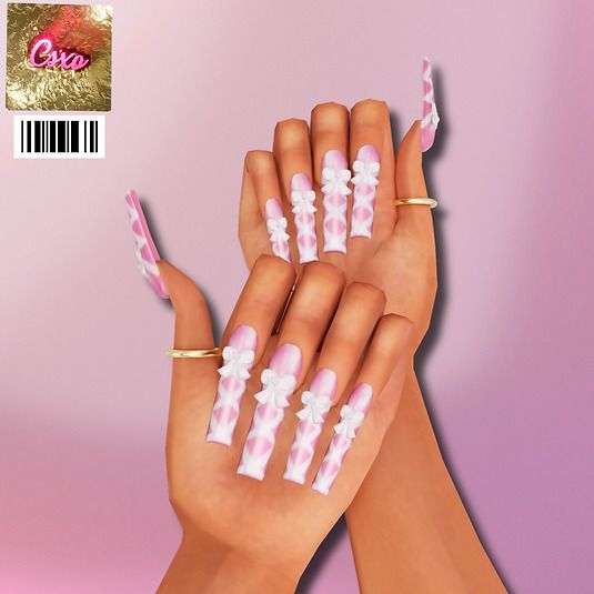 two hands with pink and white nail designs on them