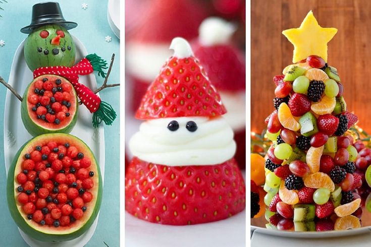 three different pictures with fruits in the shape of christmas trees and snowmen made out of fruit