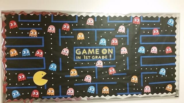 a bulletin board with pacman game on it