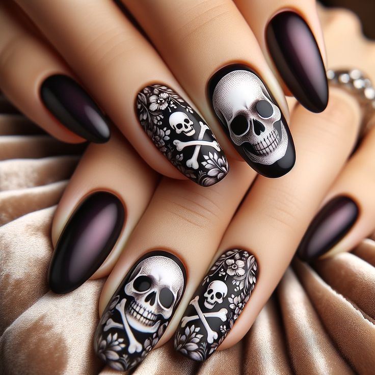 basic-baddie-nails Skull Art Nails, Skull Nail Art Designs, Skull Nails Halloween, Skull Nails Design, Skull Nail Designs, Sugar Skull Nails, Skull Nail Art, Crazy Nail Designs, Horror Nails