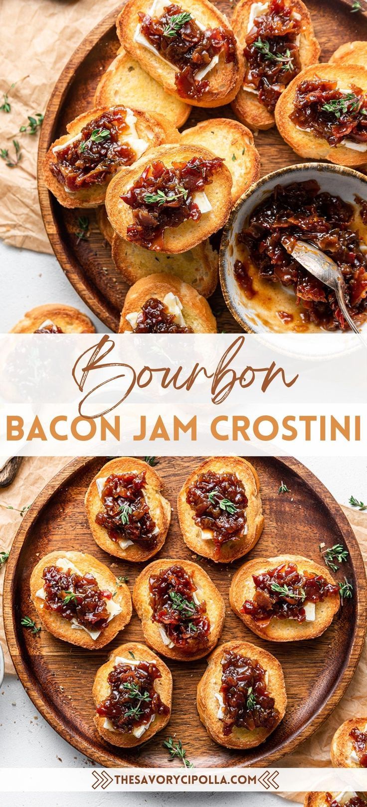 Two pictures overhead of several pieces of bourbon bacon jam crostini on a round wooden searching platter garnished with fresh thyme leaves. Bacon Jam Recipe Easy, Bacon Jam Crostini, Bacon Jam Appetizer, Tasting Party Food, Bourbon Bacon Jam, Brie Cheese Recipes, Bacon Jam Recipe, Bourbon Bacon, Toasted Crostini