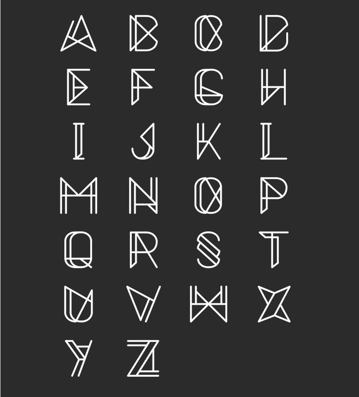 the latin alphabet is shown in white on a black background, and it appears to be made