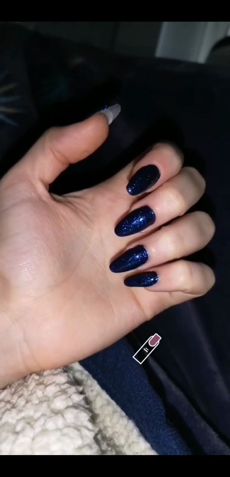 #nails #blue #glitter #almond #long #almondnails Nails Almond January, Midnight Blue Nails With Glitter, Dark Glitter Blue Nails, Navy Blue Sparkle Nails Acrylic, Navy Blue With Glitter Nails, Navy Blue Shimmer Nails, Dark Blue Glitter Nails Almond, Navy Blue Nails With Sparkles, Black Nails Blue Glitter