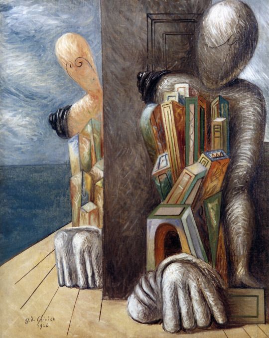 a painting of a person sitting on a chair with books in front of him and the ocean behind them