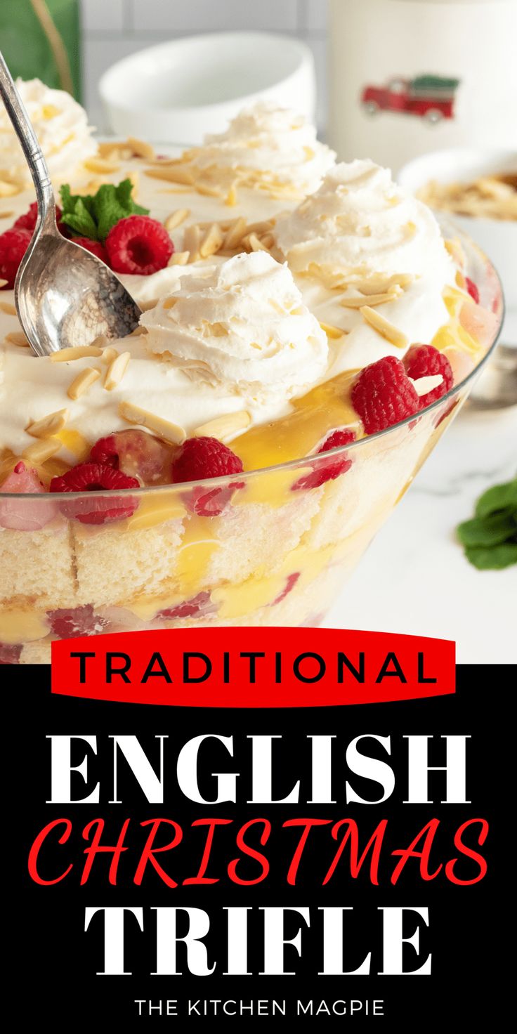 traditional english christmas trifle recipe with raspberries and whipped cream