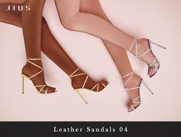 two women's legs and high heels are shown with the words leather sandals 04