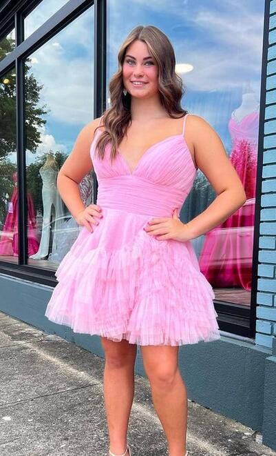 A-line Mini Dress With Ruffles And Fitted Bodice, Fit And Flare Mini Dress For Prom Season, Fit And Flare Mini Dress For Prom, Pleated Bodice Mini Dress For Prom Season, Mini Dress With Pleated Bodice For Prom Season, Pink Mini Dress With Ruffle Hem For Prom, Flirty Fit And Flare Dress With Spaghetti Straps, V-neck Prom Dress With Ruffle Hem, Flirty A-line Dress With Pleated Bodice