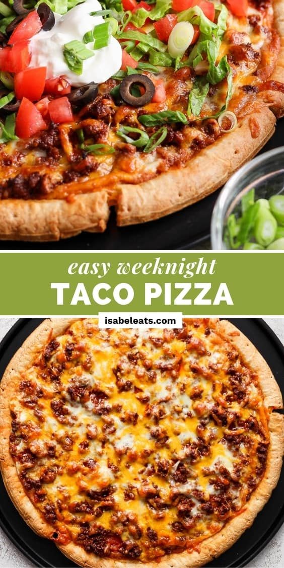 two pizzas with different toppings on them and the words easy weeknight taco pizza