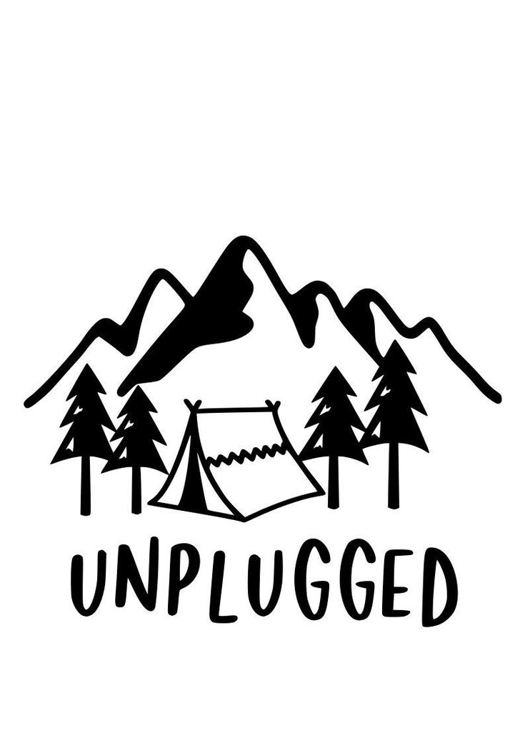 the unplugged logo is shown with trees and mountains in black on a white background