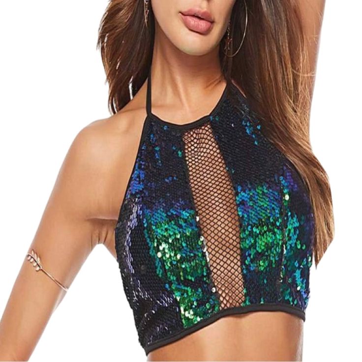 Iredescent Sequined Mesh Top Very Trendy Great For Festivals Spring Sequin Crop Top For Club, Sequin Crop Top For Club In Spring, Sequined Crop Top For Spring Clubbing, Multicolor Sequin Crop Top, Multicolor Sequined Crop Top, Disco Style Evening Crop Top For Summer, Spring Rave Crop Top For Night Out, Disco Style Crop Top For Summer Nights Out, Disco Crop Top For Night Out In Summer