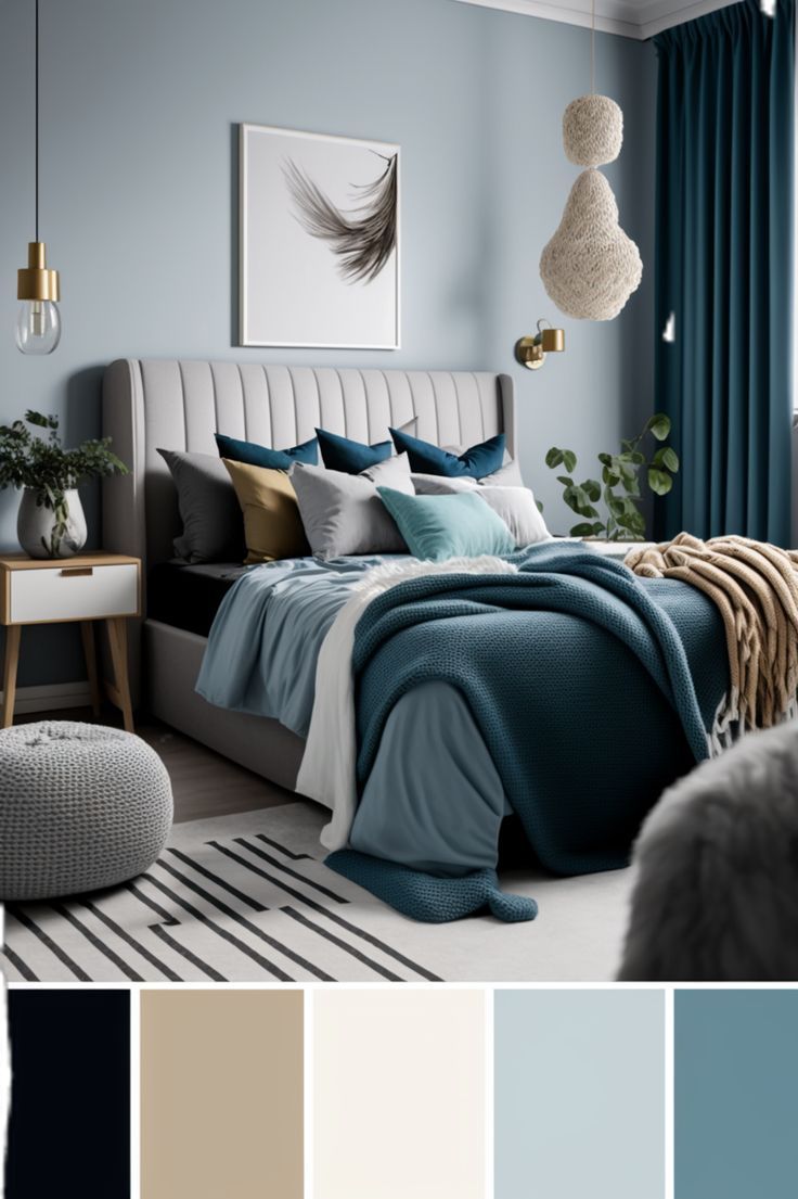 a bedroom with blue and grey colors in it