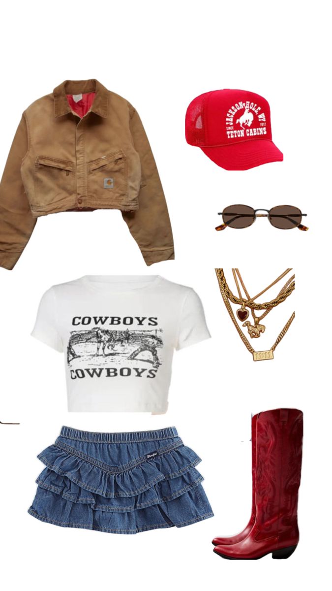 Denim skirt outfit for a rodeo. Ted vintage trucker hat with red cowgirl boots Trucker Hat Outfit Fall, Red Cowboy Hat Outfit, Red Cowgirl Outfit, Red Cowgirl Boots Outfit, Hat Outfit Fall, Red Boots Outfit, Red Cowboy Boots Outfit, Red Cowboy Hat, Trucker Hat Outfit