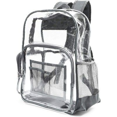 Carry your essentials in this clear black backpack from Juvale. The clear backpack has a black lining and straps which add a new highlight to it. The bag has 3 compartments and 2 mesh pockets for water and an umbrella. You can use this bag for school, travel, trips, hiking, and gym. Made from heavy-duty PVC material, this bag has a sturdy build and is durable. Clear Backpacks, Clear Backpack, Gray Trim, Concert Festival, Grey Trim, School Fits, Cotton Bottoms, Laptop Pocket, Kids Backpacks