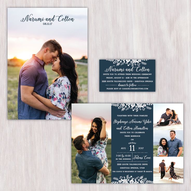 an image of a couple on their wedding day with the save the dates card in front