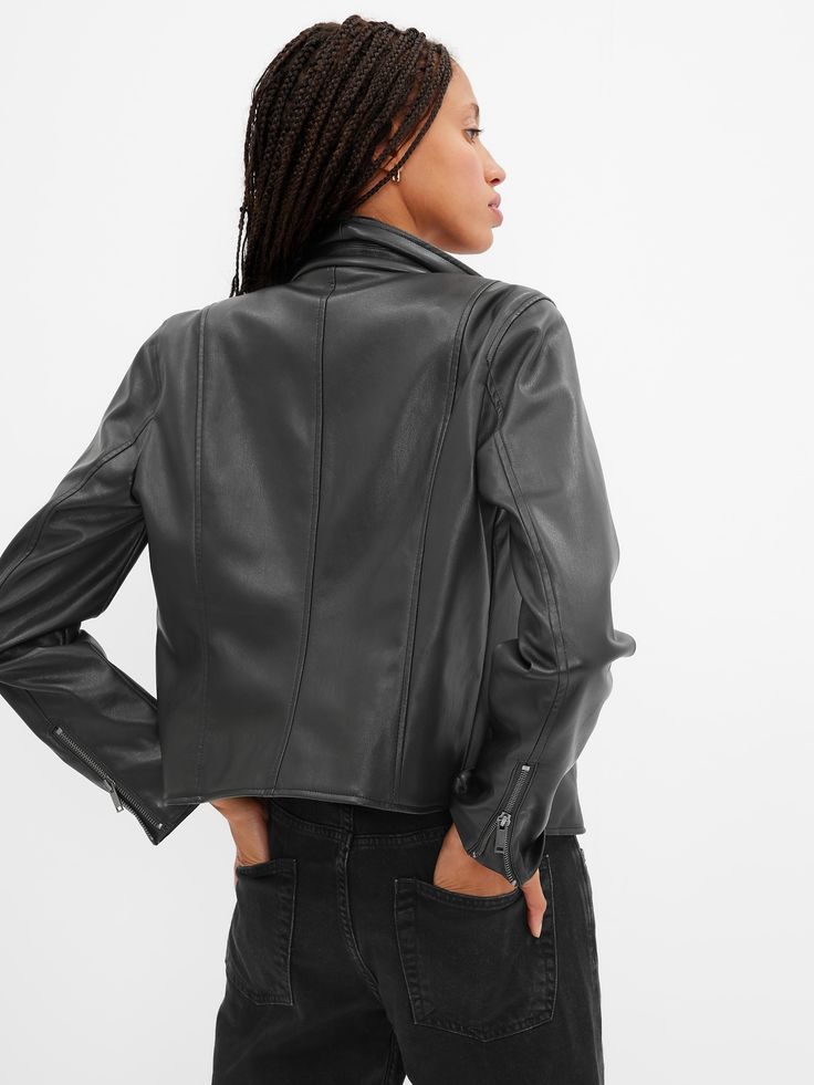 Faux-Leather Moto Jacket | Gap Factory Faux Leather Moto Jacket, Leather Moto, Leather Moto Jacket, Notched Collar, Fall Wardrobe, The Gap, Moto Jacket, Black Faux Leather, Vegan Leather