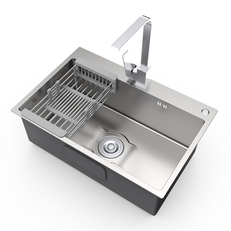 a stainless steel kitchen sink with drainer and faucet, on a white background