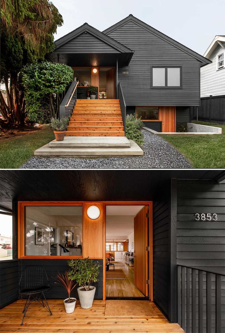 before and after photos of a modern house with wood steps leading up to the front door