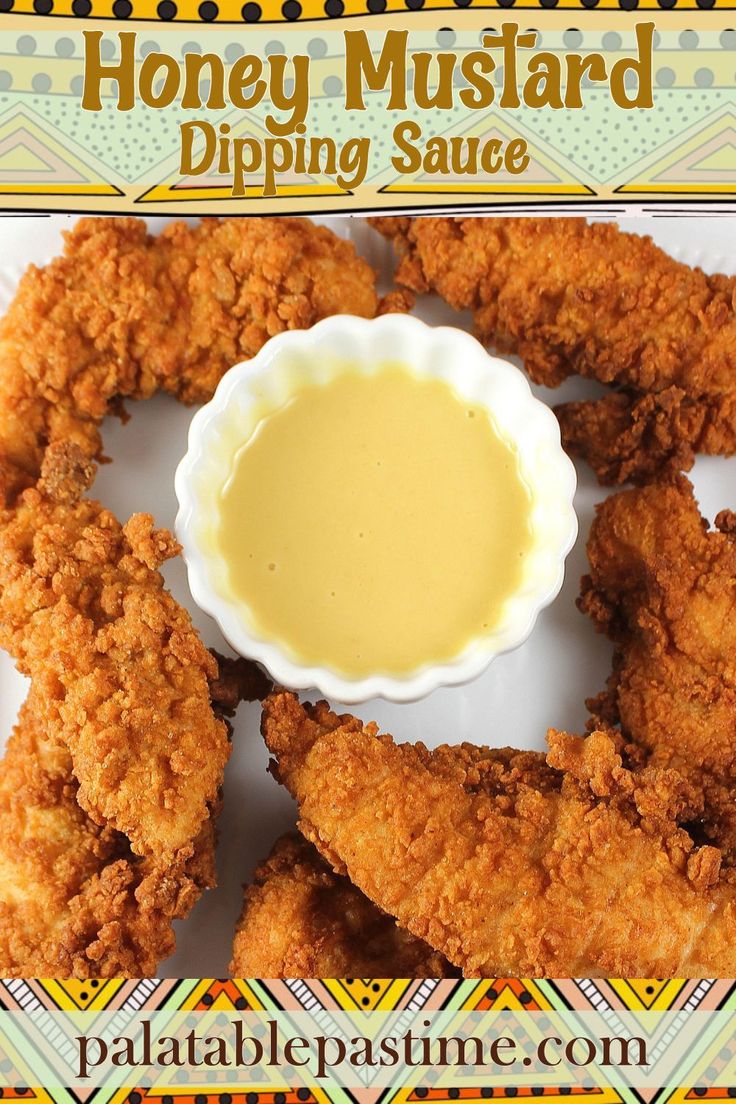 fried chicken rings on a plate with dipping sauce in the middle and text honey mustard dipping sauce