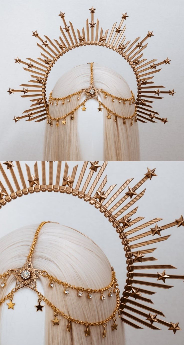 Crown On Head Drawing Reference, Headdress Ideas Diy, Head Crowns Headpieces, Diy Headpiece Costume, Ocean Headpiece, Head Dress Ideas, Sun Themed Dress, Head Dress Headpieces, Cool Crowns