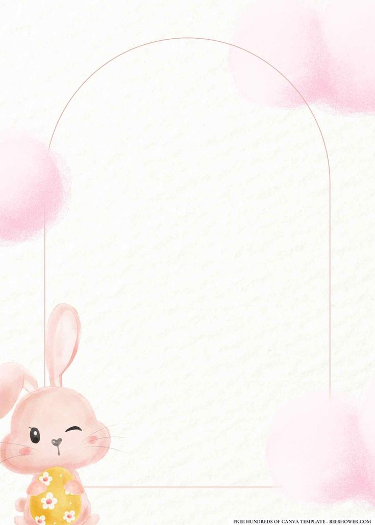 a pink bunny holding a donut in front of an oval frame with clouds on it