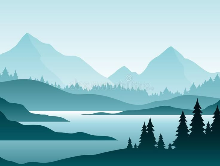 a mountain landscape with trees and water in the foreground royalty illustration on a blue background