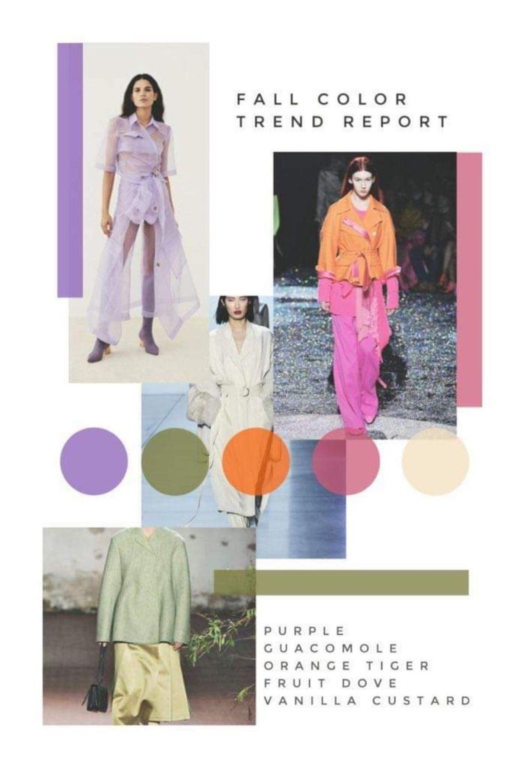 the fall / winter trend report is shown in purple, orange and pink colors with polka dots