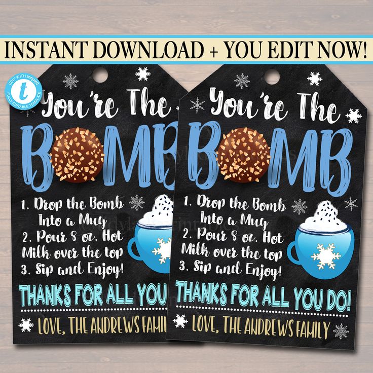 two tags that say you're the bomb bomb and have hot chocolate on them