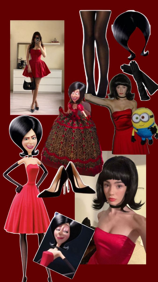 a collage of photos with women dressed in red dresses and black stockings, one woman wearing