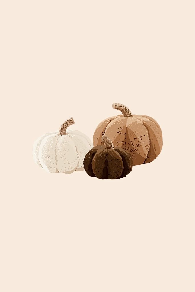 three different colored pumpkins sitting next to each other on a beige background, one is white and the other is brown