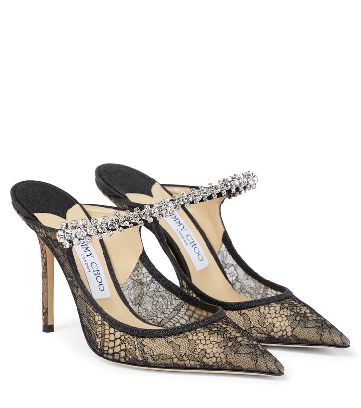 Jimmy Choo - Bing 100 embellished lace mules | Mytheresa Jimmy Choo Lace Heels, Jimmy Choo Bing 100, Jimmy Choo Bing, Luxury Heels, Jimmy Choo Heels, Lace Heels, Black Pumps Heels, Girly Shoes, Jimmy Choo Shoes