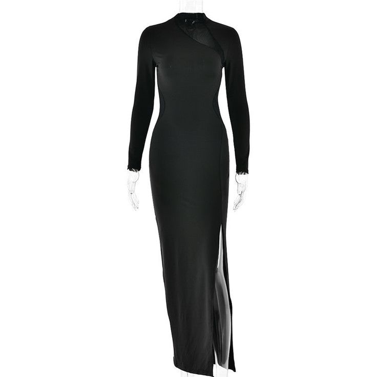 Features: Expertly designed to enhance your curves and exude elegance, our Mesh Patchwork Sexy Maxi Dress is the perfect addition to any wardrobe. Showcasing a stunning hollow out design, o-neckline, long sleeves, and a thigh-high split, this bodycon dress will make heads turn. Elevate your style game with this femme and timeless piece. Chic High Neck Long Sleeve Evening Dress, Sleek Long Sleeve Evening Bodycon Dress, Winter Dinner Bodycon Dress With Long Sleeves, Winter Long Sleeve Bodycon Dress For Dinner, Black High Stretch Long Sleeve Bodycon Dress, Sleek Long Sleeve Dress For Night Out, Chic High Neck Long Sleeve Dress For Night Out, Chic Long Sleeve High Neck Dress For Night Out, Stretch Long Sleeve Dress For Evening