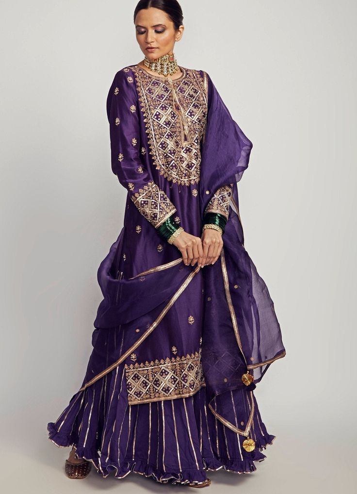 Purple Embroidered Sharara Set Pink City by Sarika - Fabilicious Fashion Kapda Design, Punjabi Sharara Suits, Sharara Suit Designs, Embroidered Sharara, Maharani Designer Boutique, Sharara Pants, Sharara Suits, Kurta Sharara, Chanderi Kurta