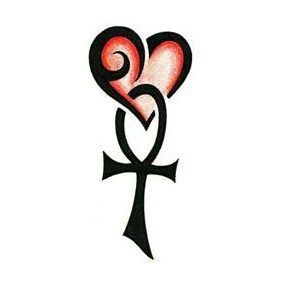 the cross has two hearts in it and is black with red highlights on its side