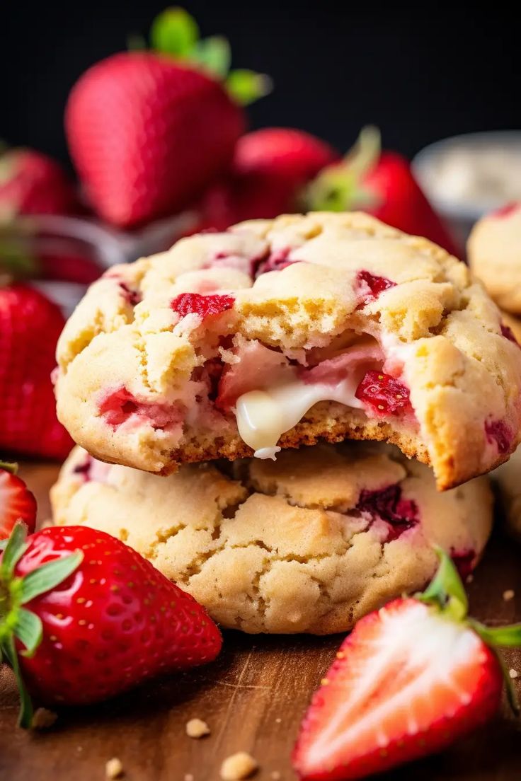 strawberry shortbread cookies stacked on top of each other with strawberries in the background